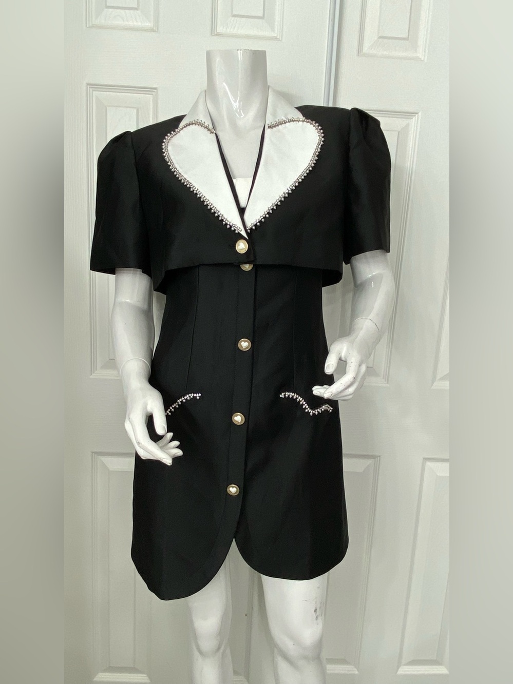 Ozlana Black Mini Dress with White Heart Collar and Gold Buttons